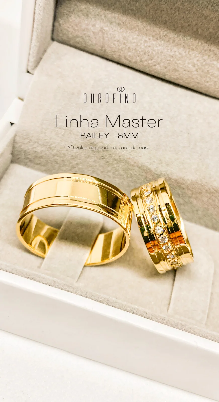 Par de alianças Linha Master Bailey 8mm em ouro 18k com pedras